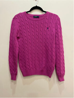 Polo Ralph Lauren Pink Cable Knit Crew Neck Sweater M Preppy Old Money Coquette